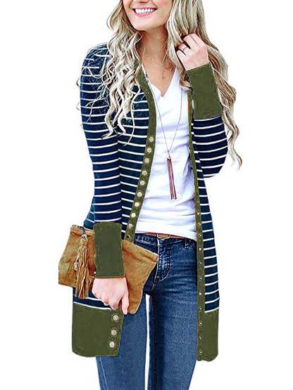 Cardigans- Striped Button-Up Duster Cardigan for Women- Green- Chuzko Women Clothing