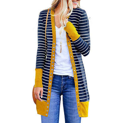 Cardigans- Striped Button-Up Duster Cardigan for Women- - Chuzko Women Clothing