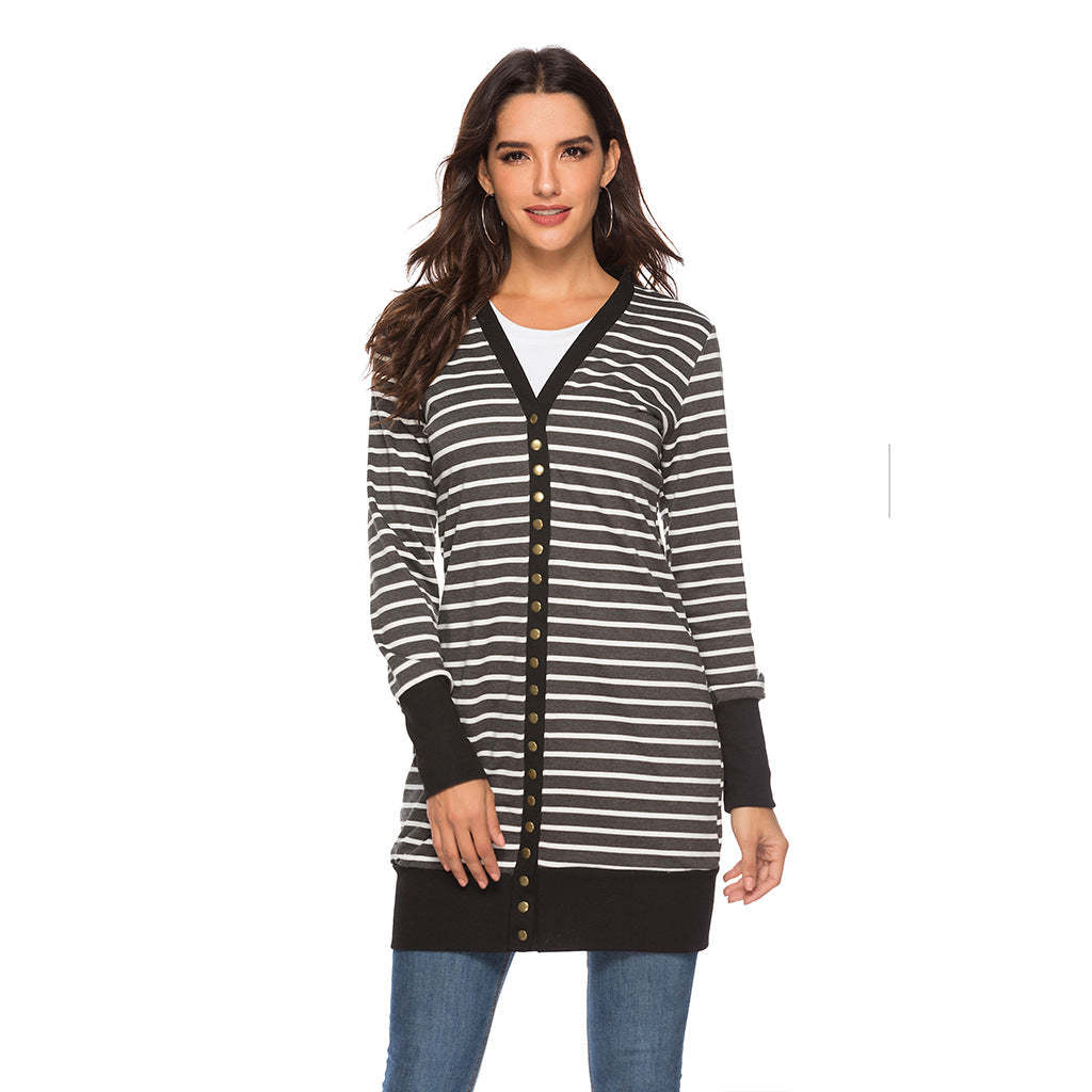 Cardigans- Striped Button-Up Duster Cardigan for Women- - Chuzko Women Clothing