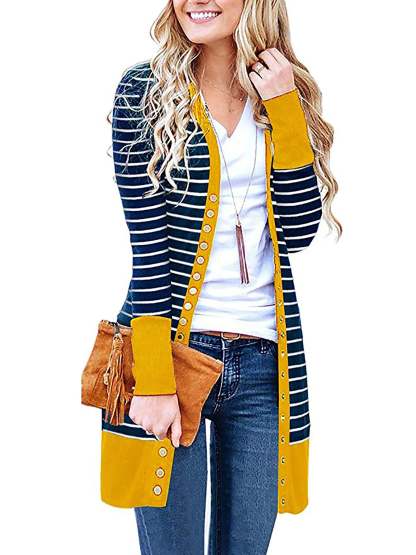 Cardigans- Striped Button-Up Duster Cardigan for Women- Yellow- Chuzko Women Clothing