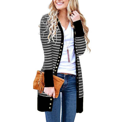 Cardigans- Striped Button-Up Duster Cardigan for Women- - Chuzko Women Clothing