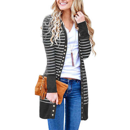 Cardigans- Striped Button-Up Duster Cardigan for Women- - Chuzko Women Clothing