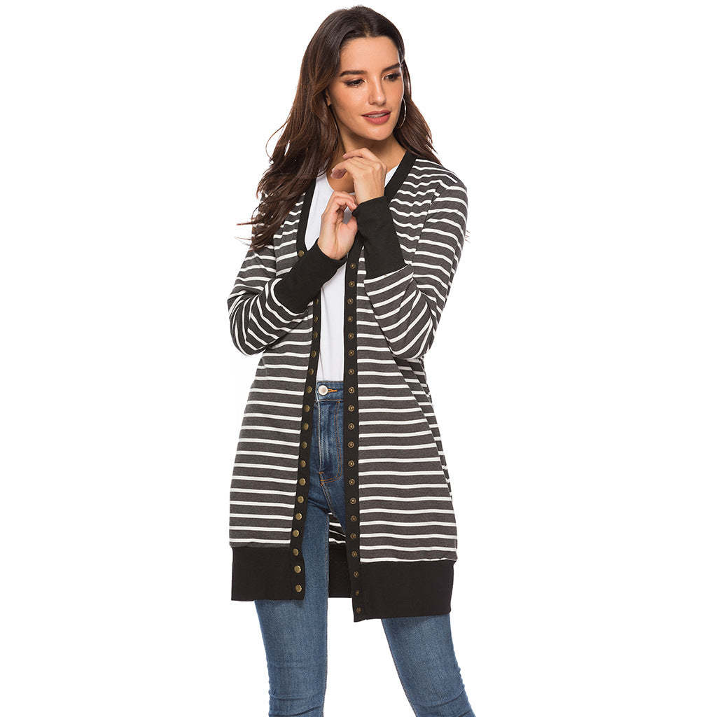 Cardigans- Striped Button-Up Duster Cardigan for Women- - Chuzko Women Clothing