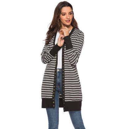 Cardigans- Striped Button-Up Duster Cardigan for Women- - Chuzko Women Clothing