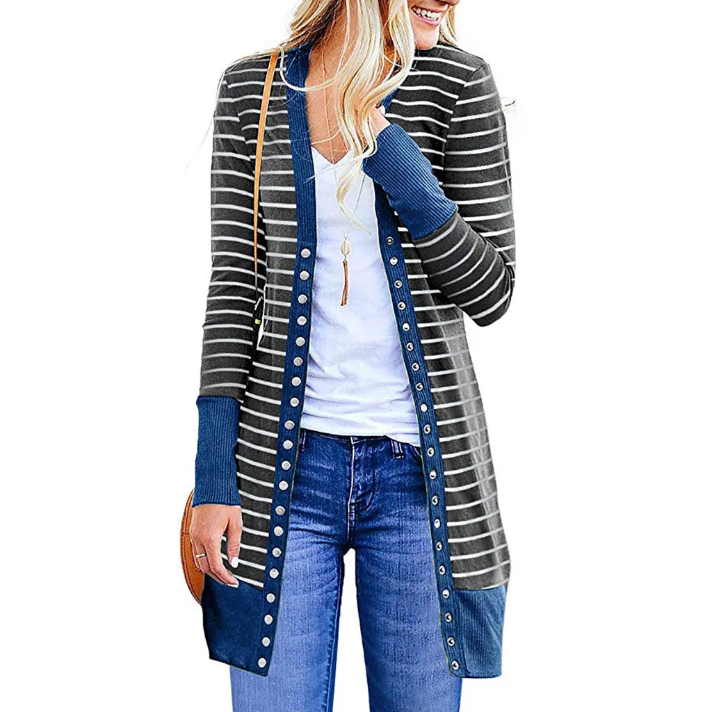 Cardigans- Striped Button-Up Duster Cardigan for Women- - Chuzko Women Clothing