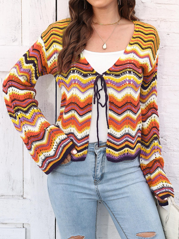 Cardigans- Wave Pattern Cardigans - Casual Toppers- Yellow- Chuzko Women Clothing