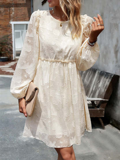 Casual Dresses- Floral Jacquard A-Line Lantern Sleeve Dress with Waist Frill- Chuzko Women Clothing