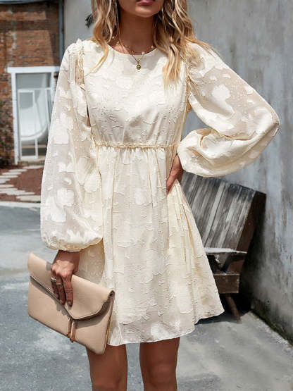 Casual Dresses- Floral Jacquard A-Line Lantern Sleeve Dress with Waist Frill- Chuzko Women Clothing