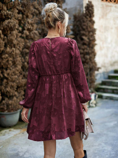 Casual Dresses- Floral Jacquard A-Line Lantern Sleeve Dress with Waist Frill- Chuzko Women Clothing