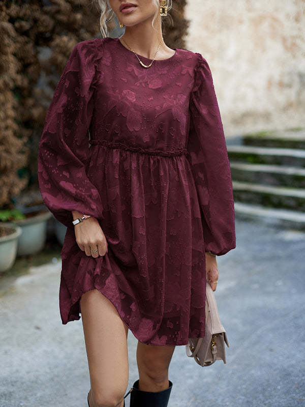 Casual Dresses- Floral Jacquard A-Line Lantern Sleeve Dress with Waist Frill- Chuzko Women Clothing