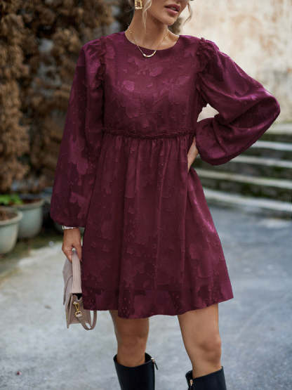 Casual Dresses- Floral Jacquard A-Line Lantern Sleeve Dress with Waist Frill- Chuzko Women Clothing