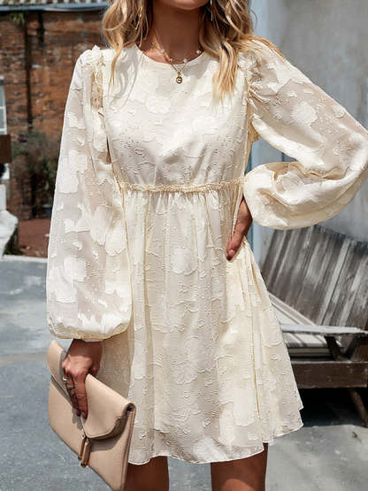 Casual Dresses- Floral Jacquard A-Line Lantern Sleeve Dress with Waist Frill- Chuzko Women Clothing