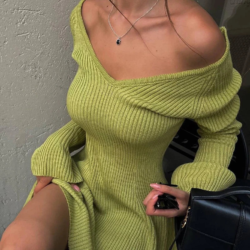 Casual Dresses- Off-Shoulder Ribbed Mini Sweater Dress