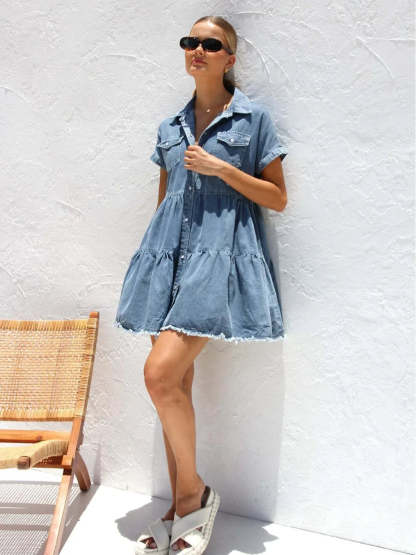 Casual Dresses- Women's Edgy Distressed Hem Denim Summer Dress- - Chuzko Women Clothing