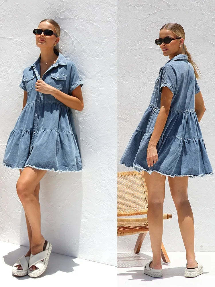 Casual Dresses- Women's Edgy Distressed Hem Denim Summer Dress- - Chuzko Women Clothing