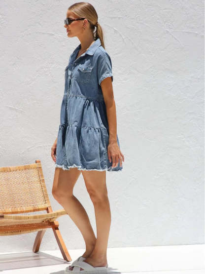 Casual Dresses- Women's Edgy Distressed Hem Denim Summer Dress- - Chuzko Women Clothing