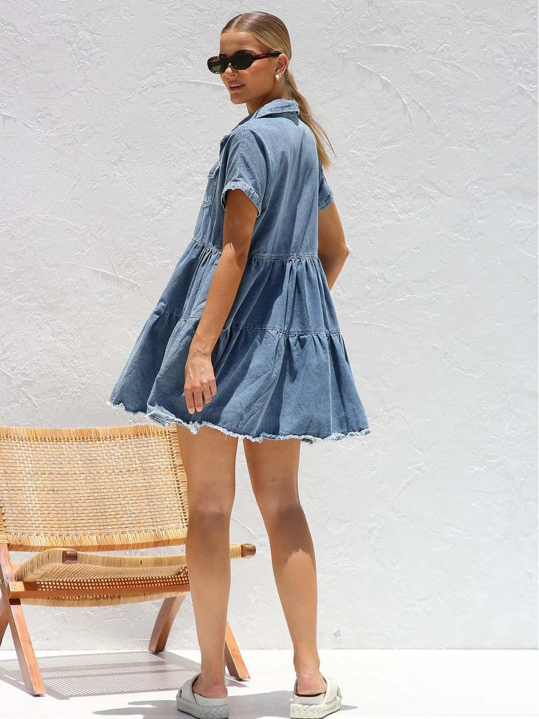 Casual Dresses- Women's Edgy Distressed Hem Denim Summer Dress- - Chuzko Women Clothing