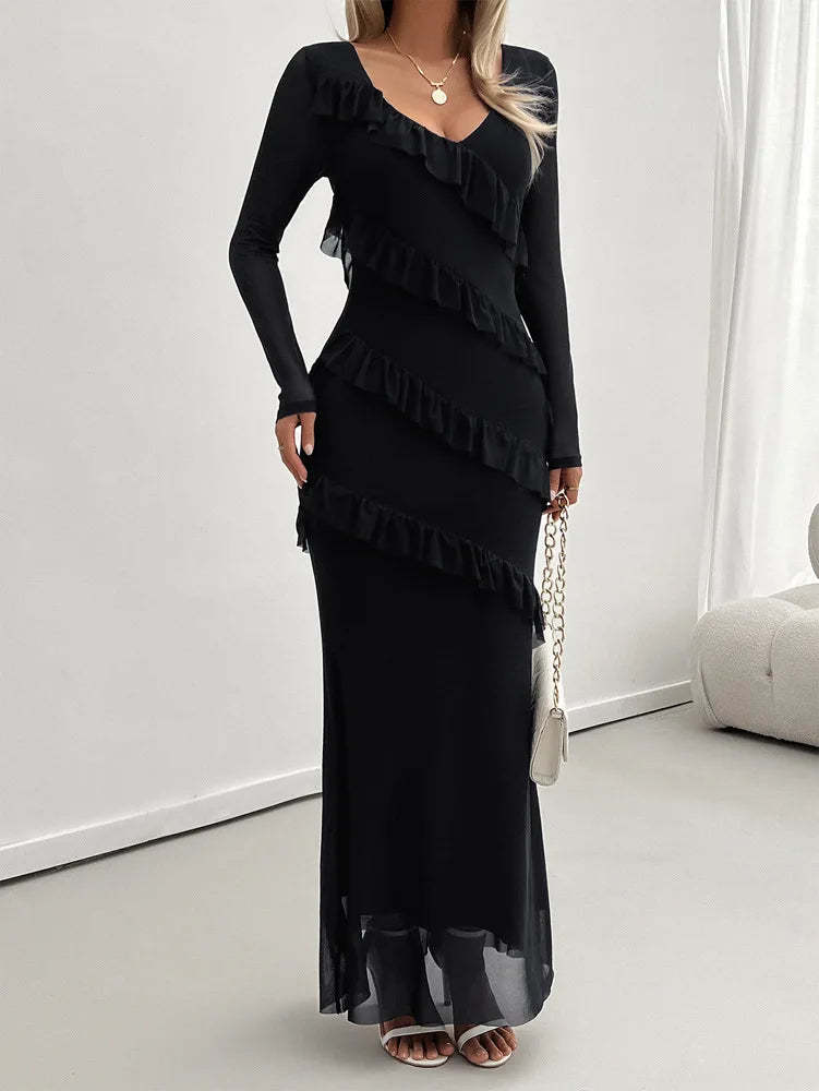 Cocktail Dresses- Elegant Fall Ruffle-Tiered Maxi Dress for Formal Evenings- - Chuzko Women Clothing