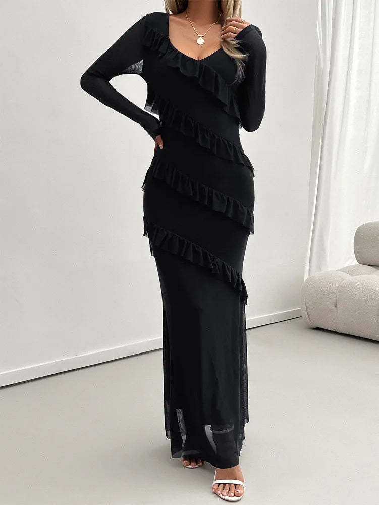 Cocktail Dresses- Elegant Fall Ruffle-Tiered Maxi Dress for Formal Evenings- - Chuzko Women Clothing