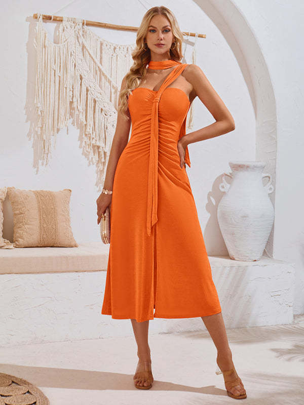 Cocktail Dresses- Elegant Gathered A-Line Knot Tea Dress- - Chuzko Women Clothing