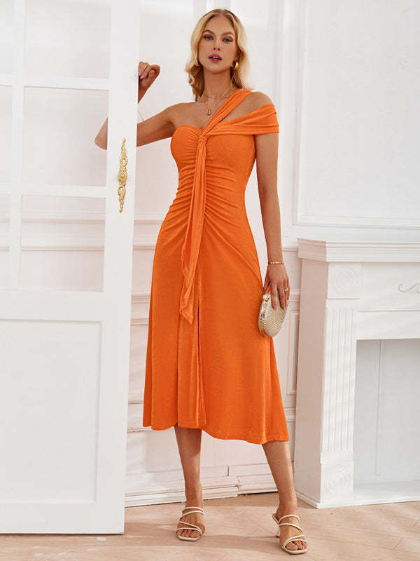 Cocktail Dresses- Elegant Gathered A-Line Knot Tea Dress- - Chuzko Women Clothing