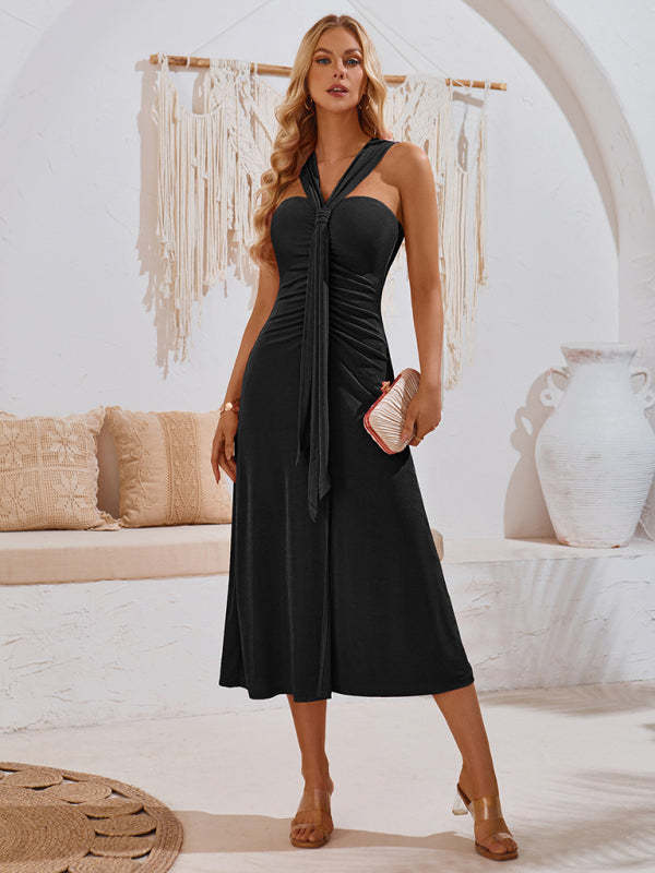 Cocktail Dresses- Elegant Gathered A-Line Knot Tea Dress- - Chuzko Women Clothing