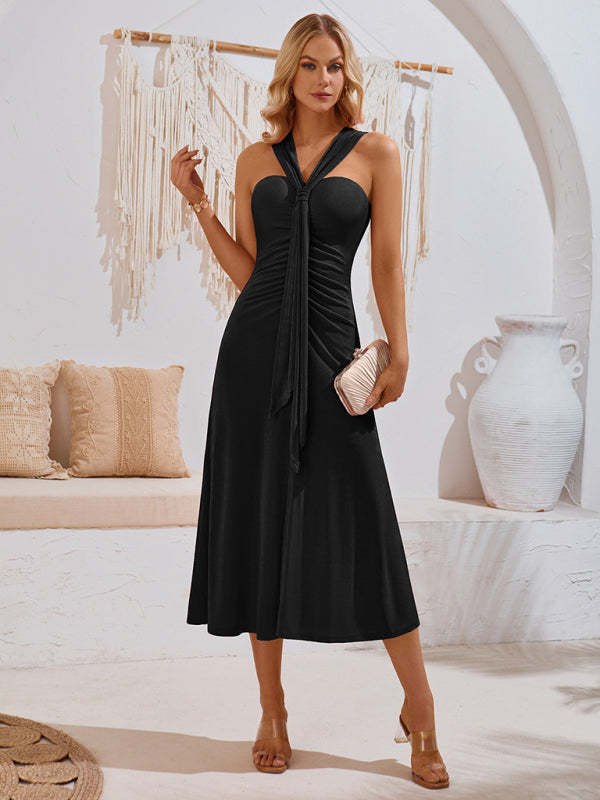 Cocktail Dresses- Elegant Gathered A-Line Knot Tea Dress- Black- Chuzko Women Clothing