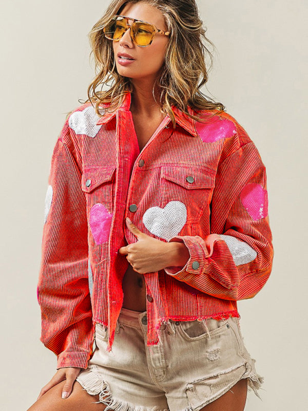 Corduroy Jackets- Fall in Love Corduroy Print Shirt Jacket | Urban Distressed Shacket- Chuzko Women Clothing