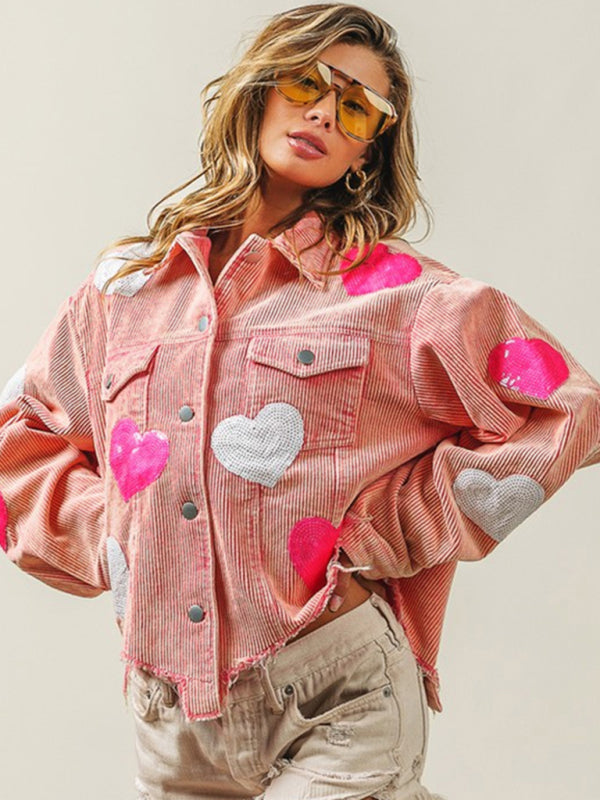 Corduroy Jackets- Fall in Love Corduroy Print Shirt Jacket | Urban Distressed Shacket- Chuzko Women Clothing