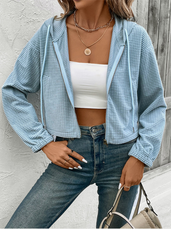 Crop Hoodies- Waffle Blue Cropped Hooded Jacket for Women