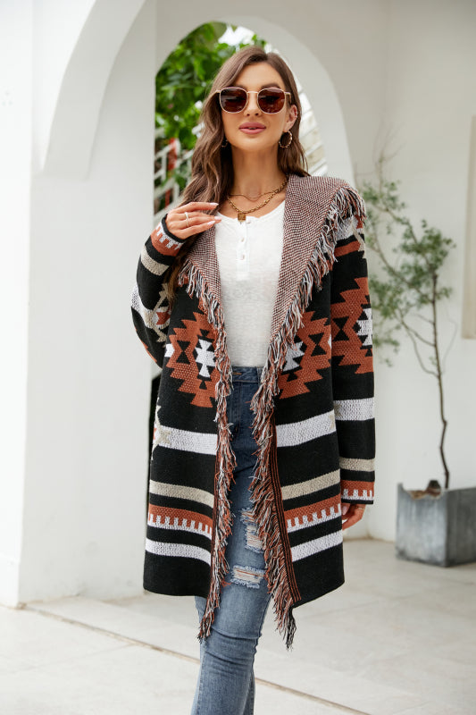 Aztec Knit Cozy Fringe Shawl Lapel Coat Coats - Chuzko Women Clothing