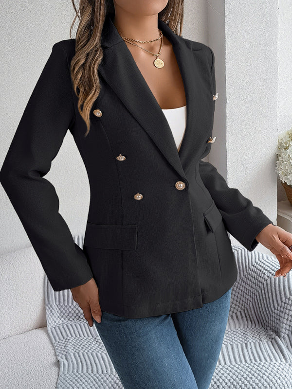 Elegant Jackets- Tailored Solid Notch Lapel Blazer in Double Breasted- Chuzko Women Clothing