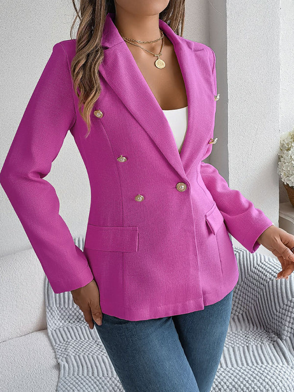 Elegant Jackets- Tailored Solid Notch Lapel Blazer in Double Breasted- Chuzko Women Clothing