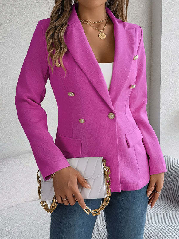 Elegant Jackets- Tailored Solid Notch Lapel Blazer in Double Breasted- Chuzko Women Clothing