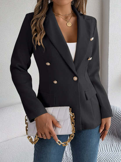 Elegant Jackets- Tailored Solid Notch Lapel Blazer in Double Breasted- Chuzko Women Clothing