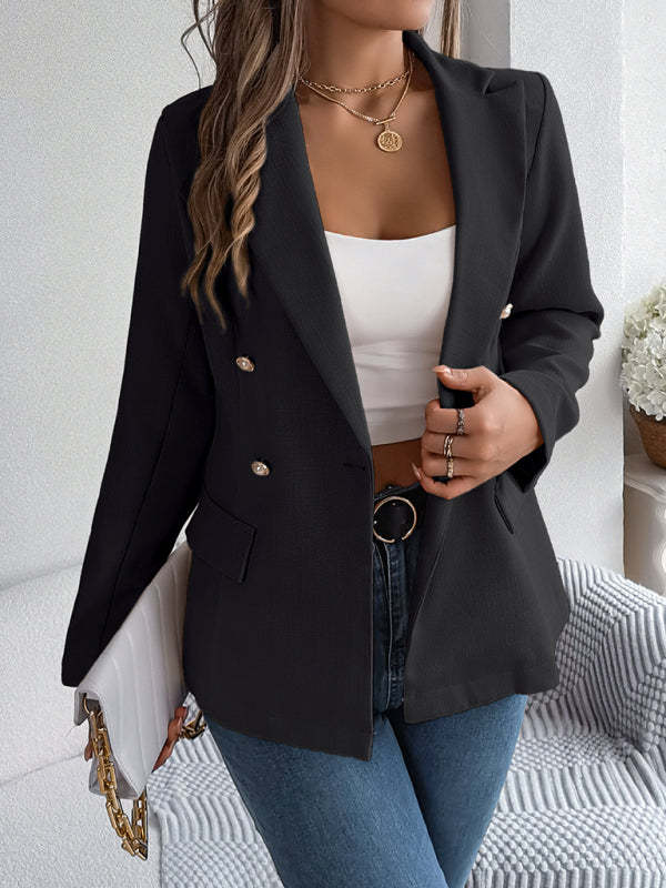 Elegant Jackets- Tailored Solid Notch Lapel Blazer in Double Breasted- Chuzko Women Clothing