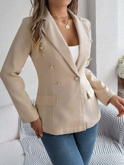 Elegant Jackets- Tailored Solid Notch Lapel Blazer in Double Breasted- Chuzko Women Clothing