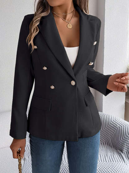 Elegant Jackets- Tailored Solid Notch Lapel Blazer in Double Breasted- Chuzko Women Clothing