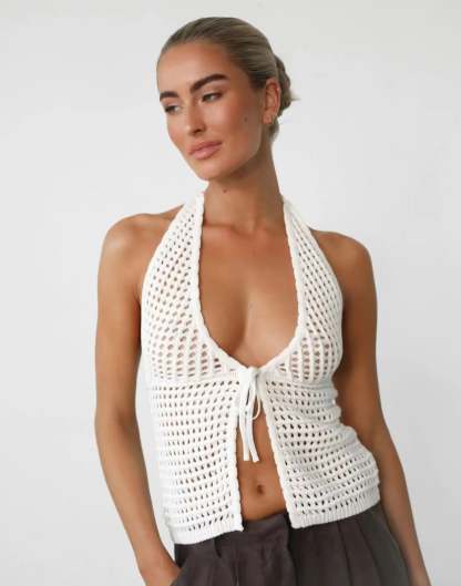 Knitting Tops- Women Hollow Knit Deep V-Neck Halter Top for Beach Days- white- Chuzko Women Clothing