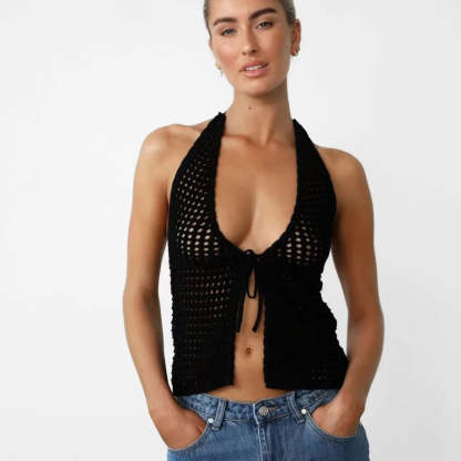 Knitting Tops- Women Hollow Knit Deep V-Neck Halter Top for Beach Days- black- Chuzko Women Clothing