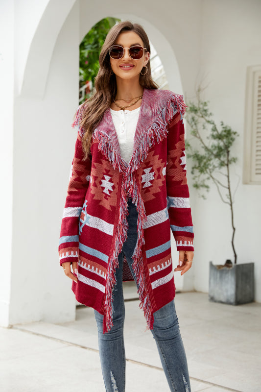 Aztec Knit Cozy Fringe Shawl Lapel Coat Coats - Chuzko Women Clothing