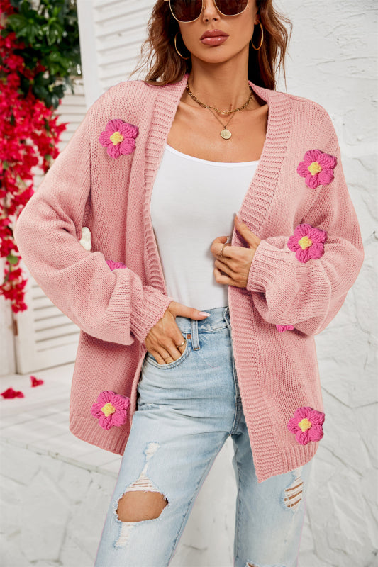 Flowers Knitted Buttonless Sweater Cardigan Cardigans - Chuzko Women Clothing