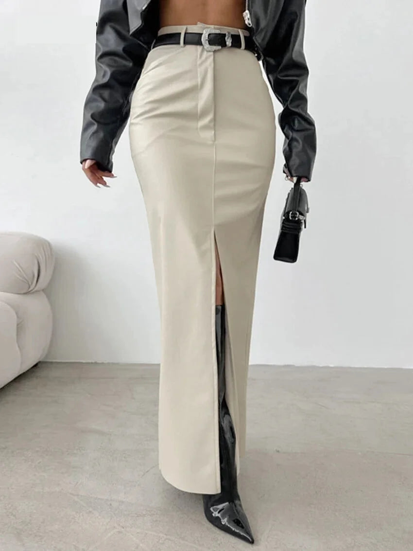 Maxi Skirts- Elegant Maxi Faux Leather Skirt- Beige- Chuzko Women Clothing