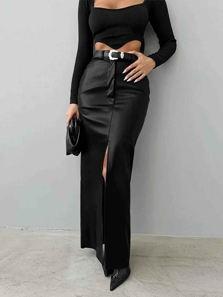 Maxi Skirts- Elegant Maxi Faux Leather Skirt- Black- Chuzko Women Clothing