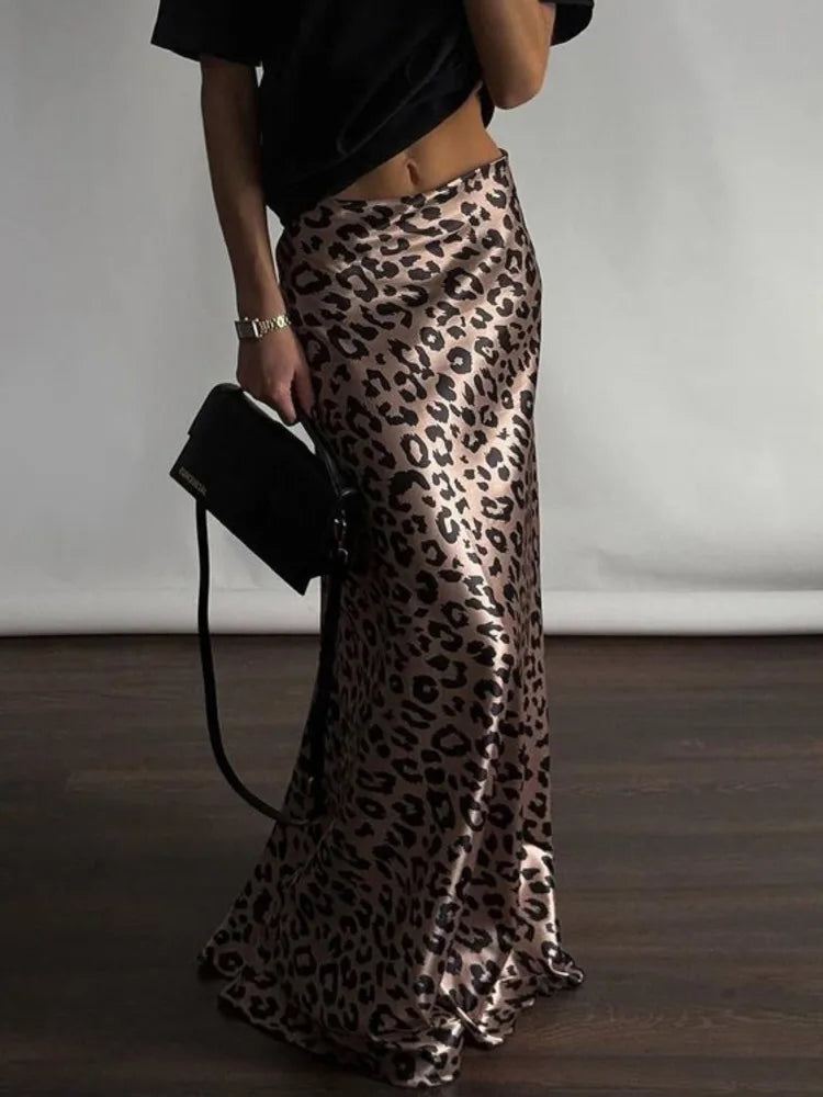 Maxi Skirts- Women Leopard Print Satin Skirt in Mermaid- - Chuzko Women Clothing