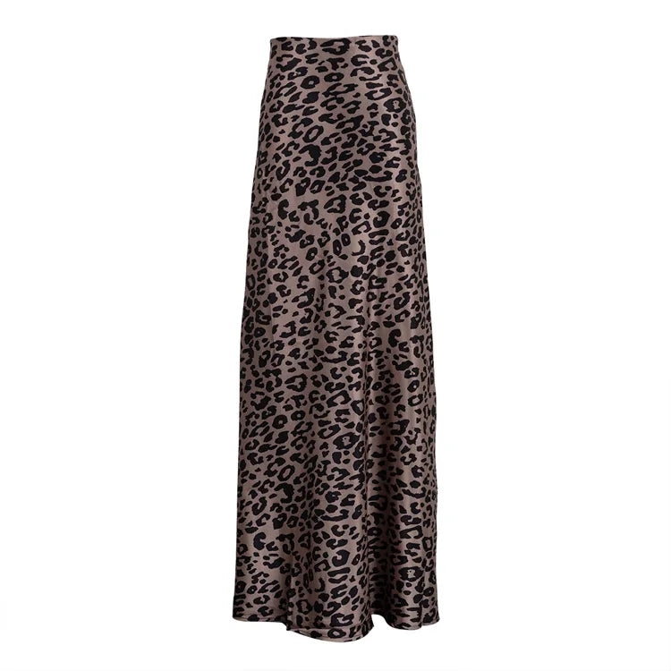 Maxi Skirts- Women Leopard Print Satin Skirt in Mermaid- Brown- Chuzko Women Clothing