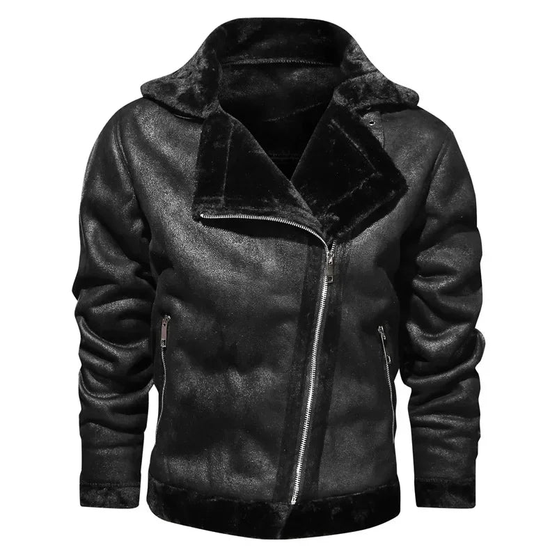 Men Jackets- Men's Vintage Sherpa-Lined Leather Jacket- - Chuzko Women Clothing