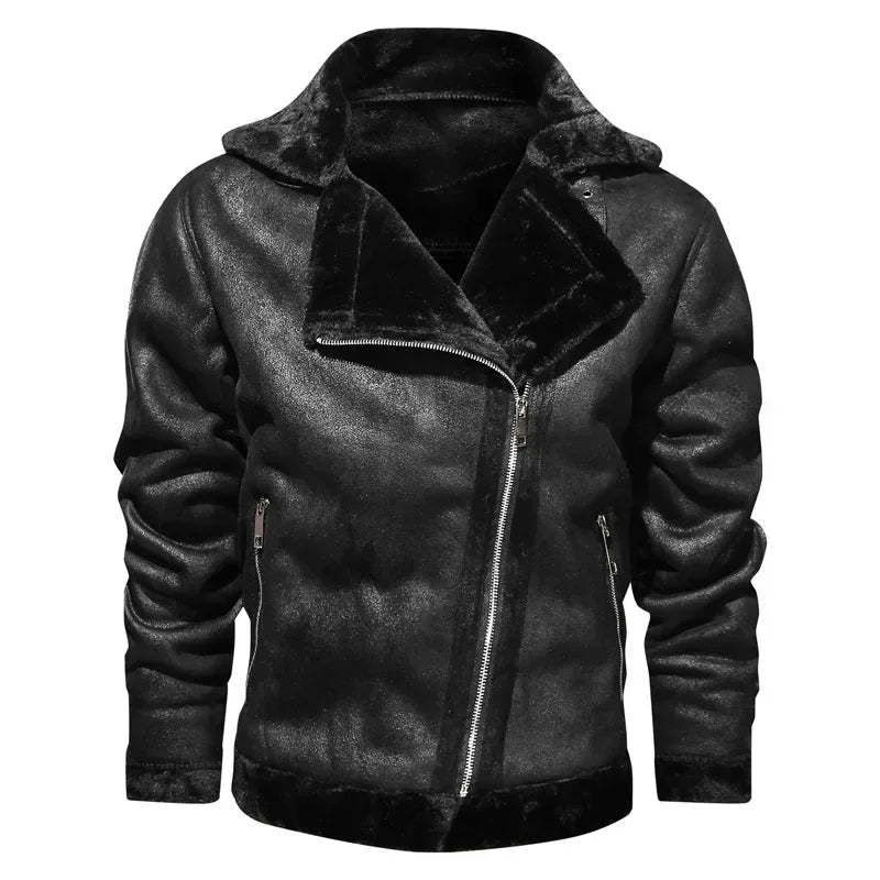 Men Jackets- Men's Vintage Sherpa-Lined Leather Jacket- - Chuzko Women Clothing