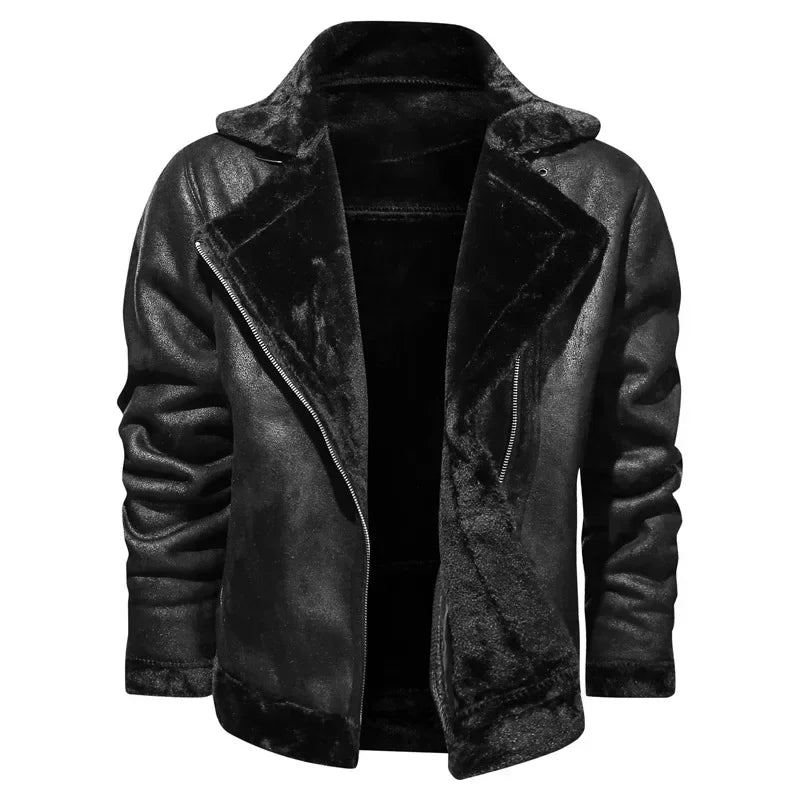 Men Jackets- Men's Vintage Sherpa-Lined Leather Jacket- - Chuzko Women Clothing