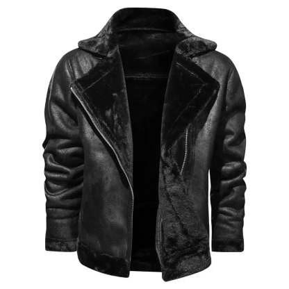 Men Jackets- Men's Vintage Sherpa-Lined Leather Jacket- - Chuzko Women Clothing